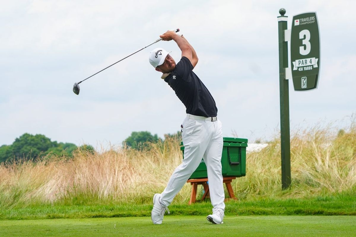 Jun 22, 2024; Cromwell, Connecticut, USA; Xander Schauffele tees off on the third hole during the third round of the Travelers Championship golf tournament at TPC River Highlands. Mandatory Credit: Gregory Fisher-USA TODAY Sports