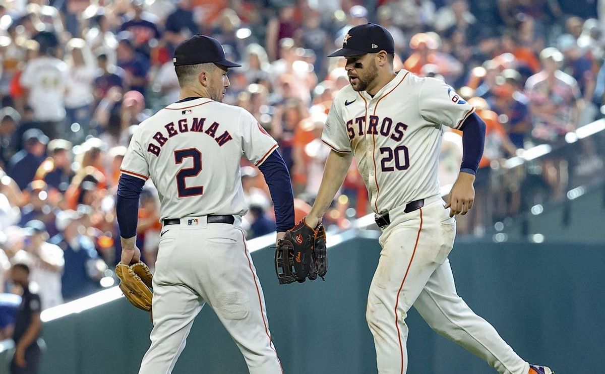 Jun 22, 2024; Houston, Texas, USA; Houston Astros right fielder Chas McCormick (20) celebrates with third baseman Alex Bregman (2) after the game against the Baltimore Orioles at Minute Maid Park. Mandatory Credit: Troy Taormina-USA TODAY Sports