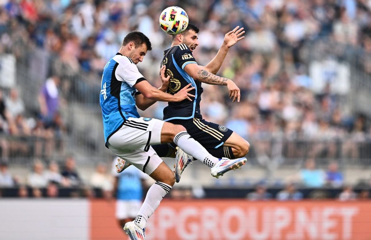 Jun 22, 2024; Philadelphia, Pennsylvania, USA; Philadelphia Union forward Tai Baribo (28) and Charlotte FC midfielder Andrew Privett (34) jump for a header in the first half at Subaru Park. Mandatory Credit: Kyle Ross-USA TODAY Sports