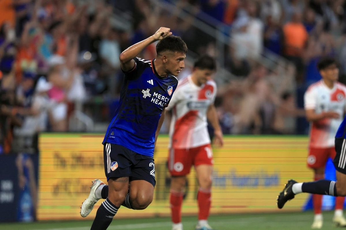 Jun 22, 2024; Cincinnati, Ohio, USA; FC Cincinnati midfielder Yamil Asad (27) celebrates after scoring a goal in the second half against the New England Revolution at TQL Stadium. Mandatory Credit: Katie Stratman-USA TODAY Sports