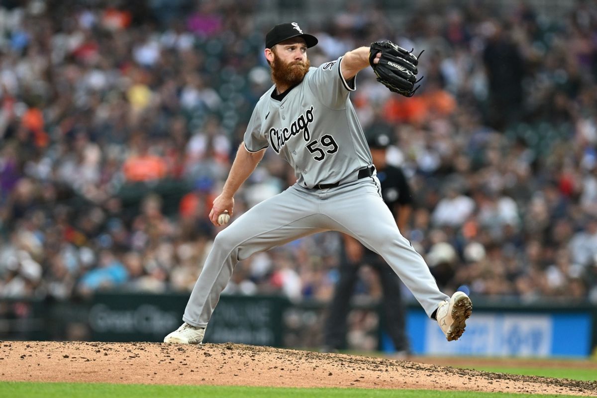 Jun 21, 2024; Detroit, Michigan, USA; Chicago White Sox pitcher John Brebbia (59) throws a pitch against the Detroit Tigers in the eighth inning at Comerica Park. Mandatory Credit: Lon Horwedel-Imagn Images