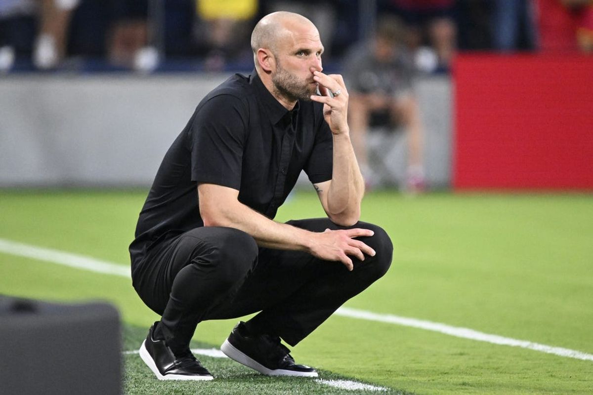 Jun 22, 2024; St. Louis, Missouri, USA; Atlanta United interim head coach Rob Valentino during the second half against St. Louis CITY SC at CITYPARK. Mandatory Credit: Scott Rovak-USA TODAY Sports