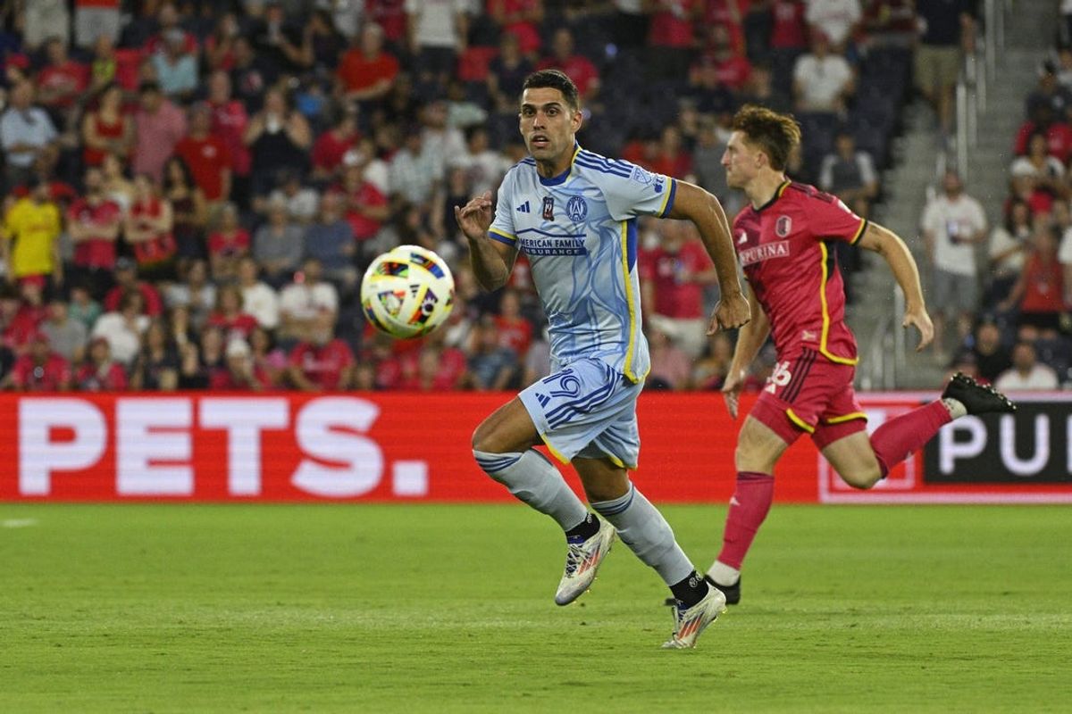 Jun 22, 2024; St. Louis, Missouri, USA; Atlanta United forward Daniel Rios (19) watches the ball against St. Louis CITY SC during the second half at CITYPARK. Mandatory Credit: Jeff Le-USA TODAY Sports