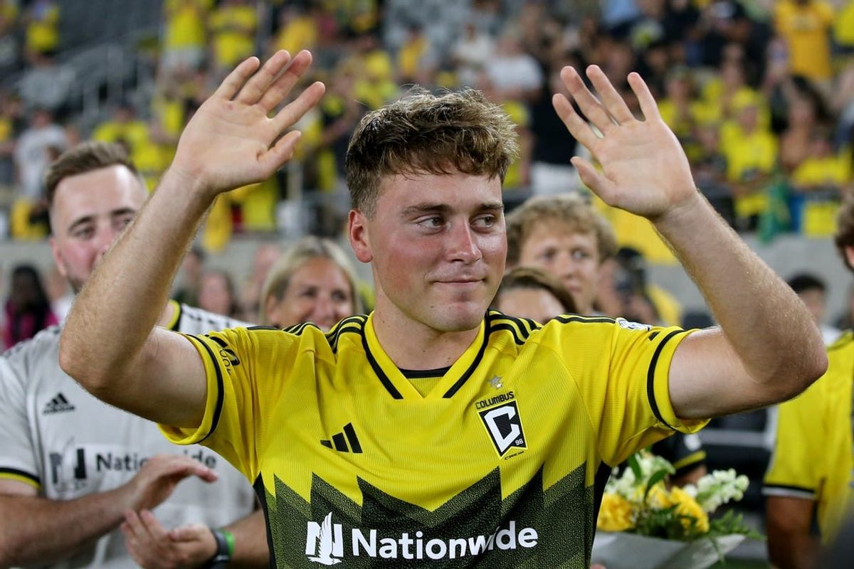 Jun 22, 2024; Columbus, Ohio, USA; Columbus Crew midfielder Aidan Morris (8) waves after the match against Sporting Kansas City at Lower.com Field. Mandatory Credit: Joseph Maiorana-USA TODAY Sports