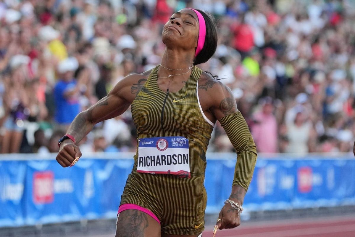 Jun 22, 2024; Eugene, OR, USA; Sha'Carri Richardson celebrates after winning the women's 100m in 10.70 during the US Olympic Team Trials at Hayward Field. Mandatory Credit: Kirby Lee-USA TODAY Sports