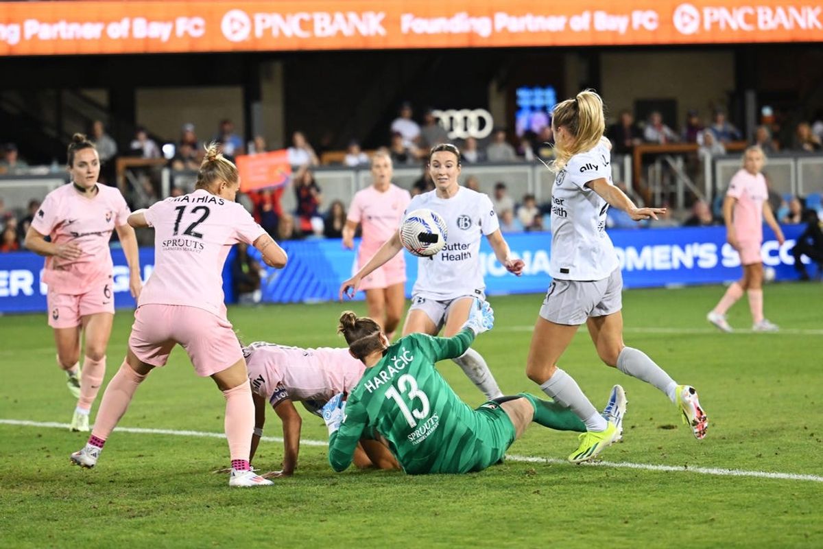 Jun 22, 2024; San Jose, California, USA; Angel City FC goalkeeper DiDi Haracic (13) makes a save against Bay FC during the second half at PayPal Park. Mandatory Credit: Robert Edwards-USA TODAY Sports