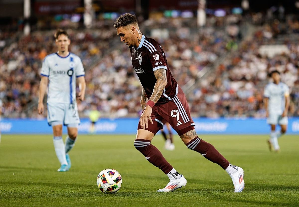 Jun 22, 2024; Commerce City, Colorado, USA; Colorado Rapids forward Rafael Navarro (9) dribbles the ball during the second half against CF Montreal at Dick's Sporting Goods Park. Mandatory Credit: Isaiah J. Downing-USA TODAY Sports