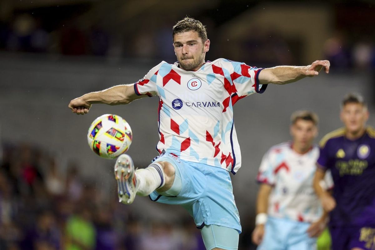 Jun 22, 2024; Orlando, Florida, USA; Chicago Fire FC forward Hugo Cuypers (9) controls the ball against Orlando City in the second half at Inter&Co Stadium. Mandatory Credit: Nathan Ray Seebeck-USA TODAY Sports