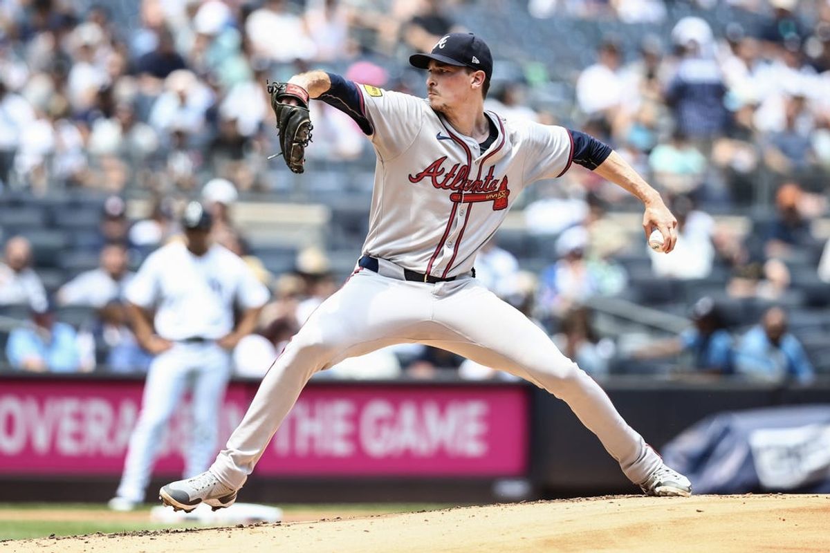 Jun 23, 2024; Bronx, New York, USA;  Atlanta Braves starting pitcher Max Fried (54) pitches in the first inning against the New York Yankees at Yankee Stadium. Mandatory Credit: Wendell Cruz-USA TODAY Sports