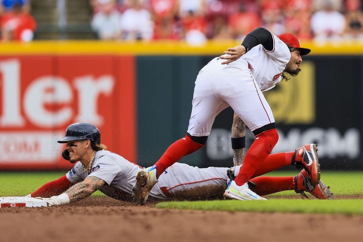 Jun 23, 2024; Cincinnati, Ohio, USA; Boston Red Sox outfielder Jarren Duran (16) steals second against Cincinnati Reds second baseman Jonathan India (6) in the third inning at Great American Ball Park. Mandatory Credit: Katie Stratman-USA TODAY Sports