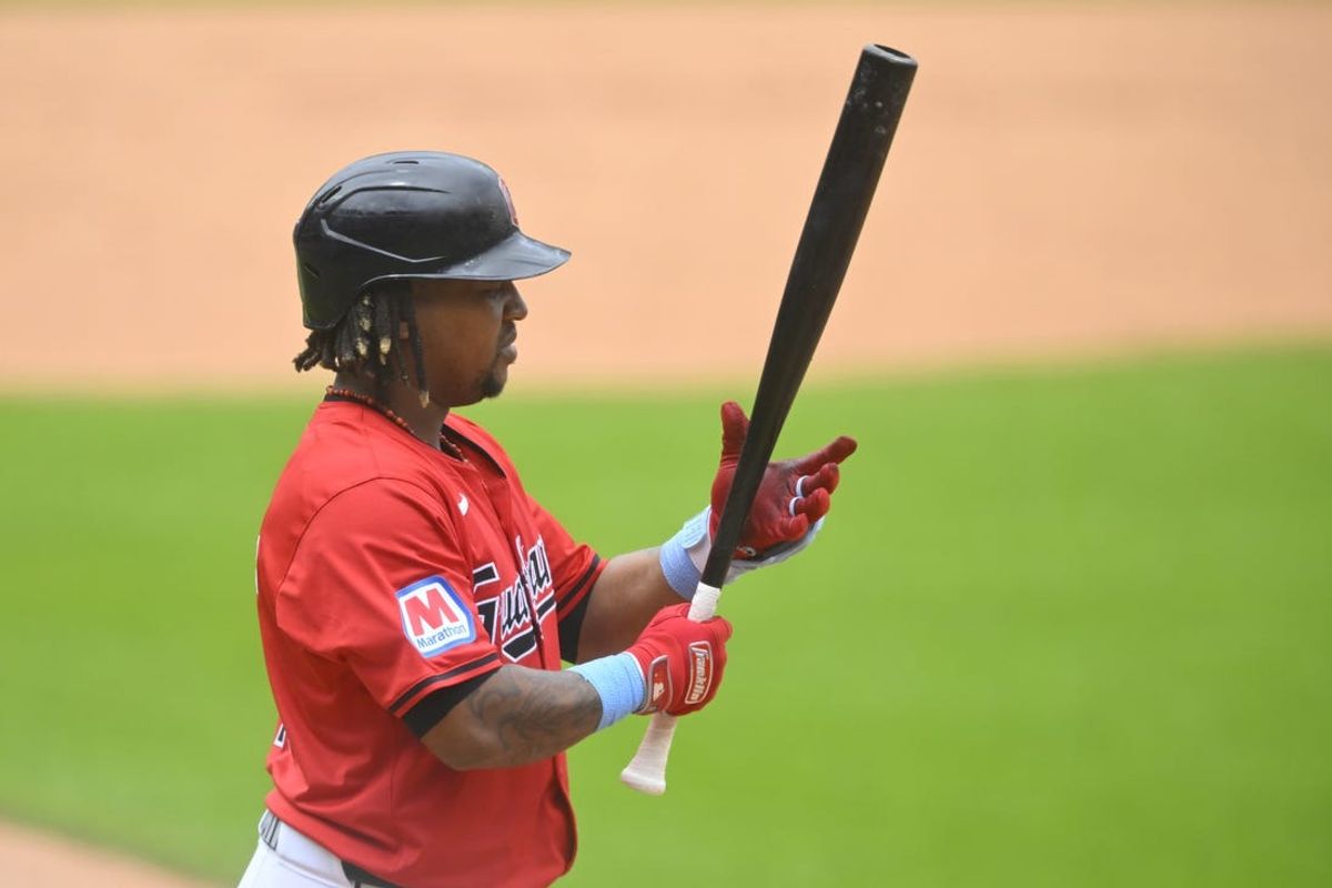 Jun 23, 2024; Cleveland, Ohio, USA; Cleveland Guardians designated hitter Jose Ramirez (11) stands at home plate in the first inning against the Toronto Blue Jays at Progressive Field. Mandatory Credit: David Richard-USA TODAY Sports