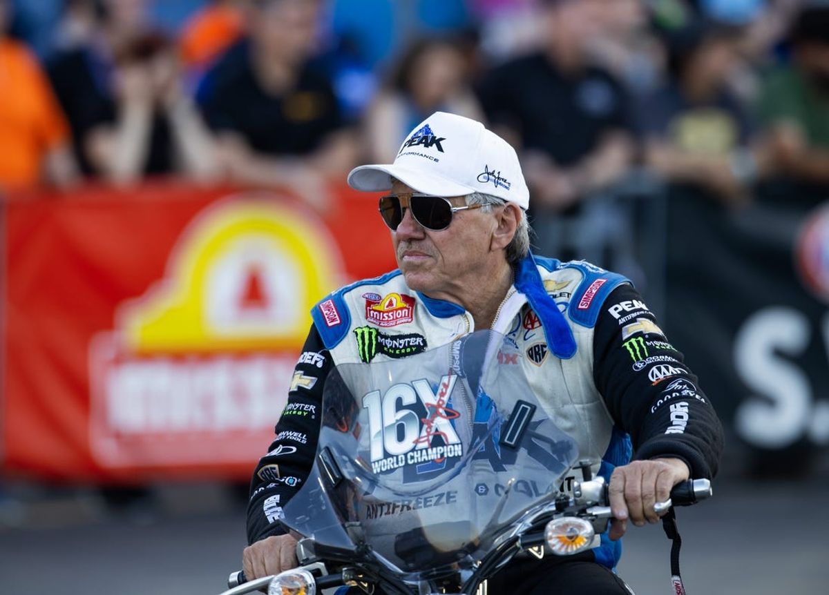 May 17, 2024; Joliet, IL, USA; NHRA funny car driver John Force during the Route 66 Nationals at Route 66 Raceway. Mandatory Credit: Mark J. Rebilas-USA TODAY Sports