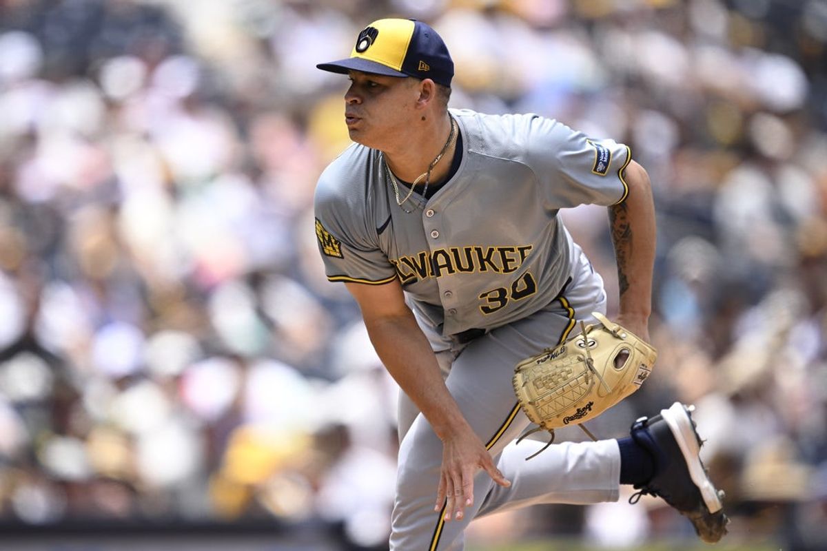 Jun 23, 2024; San Diego, California, USA; Milwaukee Brewers starting pitcher Tobias Myers (36) pitches against the San Diego Padres during the first inning at Petco Park. Mandatory Credit: Orlando Ramirez-USA TODAY Sports