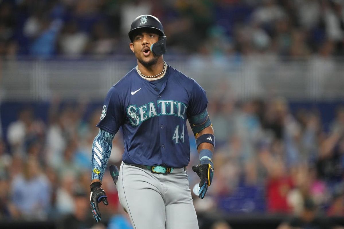 Jun 23, 2024; Miami, Florida, USA; Seattle Mariners center fielder Julio Rodríguez (44) reacts to his line drive being caught by Miami Marlins second baseman Otto Lopez (not pictured) to end the game at loanDepot Park. Mandatory Credit: Jim Rassol-USA TODAY Sports