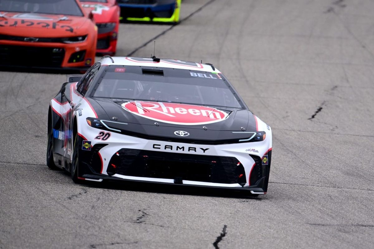 Jun 23, 2024; Loudon, New Hampshire, USA; NASCAR Cup Series driver Christopher Bell (20) leads a pack of cars during the USA TODAY 301 at New Hampshire Motor Speedway. Mandatory Credit: Eric Canha-USA TODAY Sports