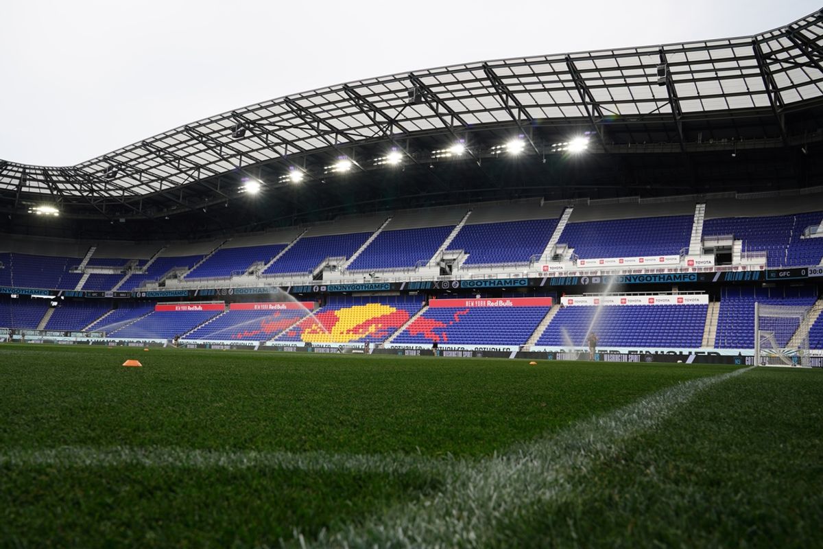 Jun 23, 2024; Harrison, New Jersey, USA; General view of the Red Bull logo in the stadium before the match between Washington Spirit and NJ/NY Gotham FC at Red Bull Arena. Mandatory Credit: Lucas Boland-Imagn Images