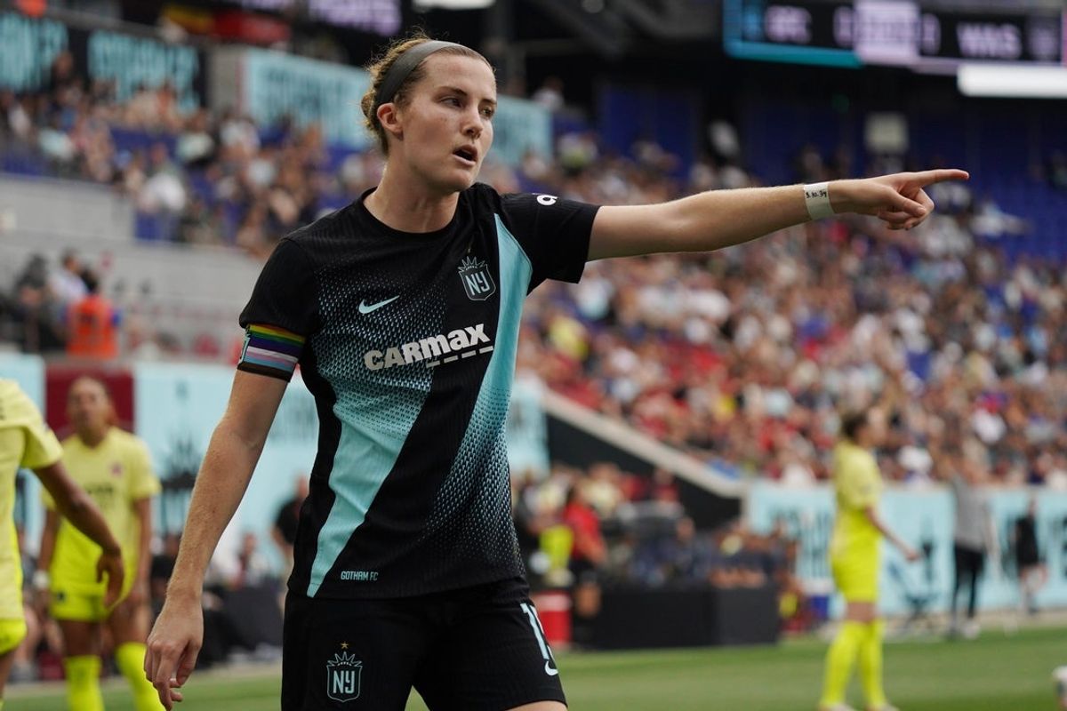 Jun 23, 2024; Harrison, New Jersey, USA; NJ/NY Gotham FC defender Tierna Davidson (15) reacts in the first half against the Washington Spirit at Red Bull Arena. Mandatory Credit: Lucas Boland-Imagn Images