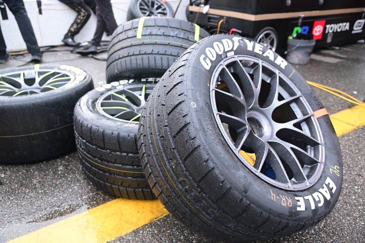 Jun 23, 2024; Loudon, New Hampshire, USA;  Pit crews change to Good Year wet weather tires after inclement weather impacted the USA TODAY 301 at New Hampshire Motor Speedway. Mandatory Credit: Eric Canha-Imagn Images