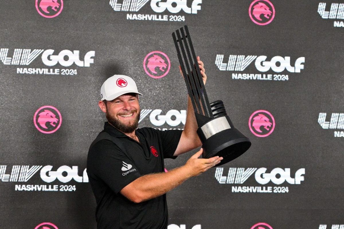 Jun 23, 2024; Nashville, Tennessee, USA;  Tyrrell Hatton of Legion XIII celebrates the win at The Grove. Mandatory Credit: Steve Roberts-USA TODAY Sports