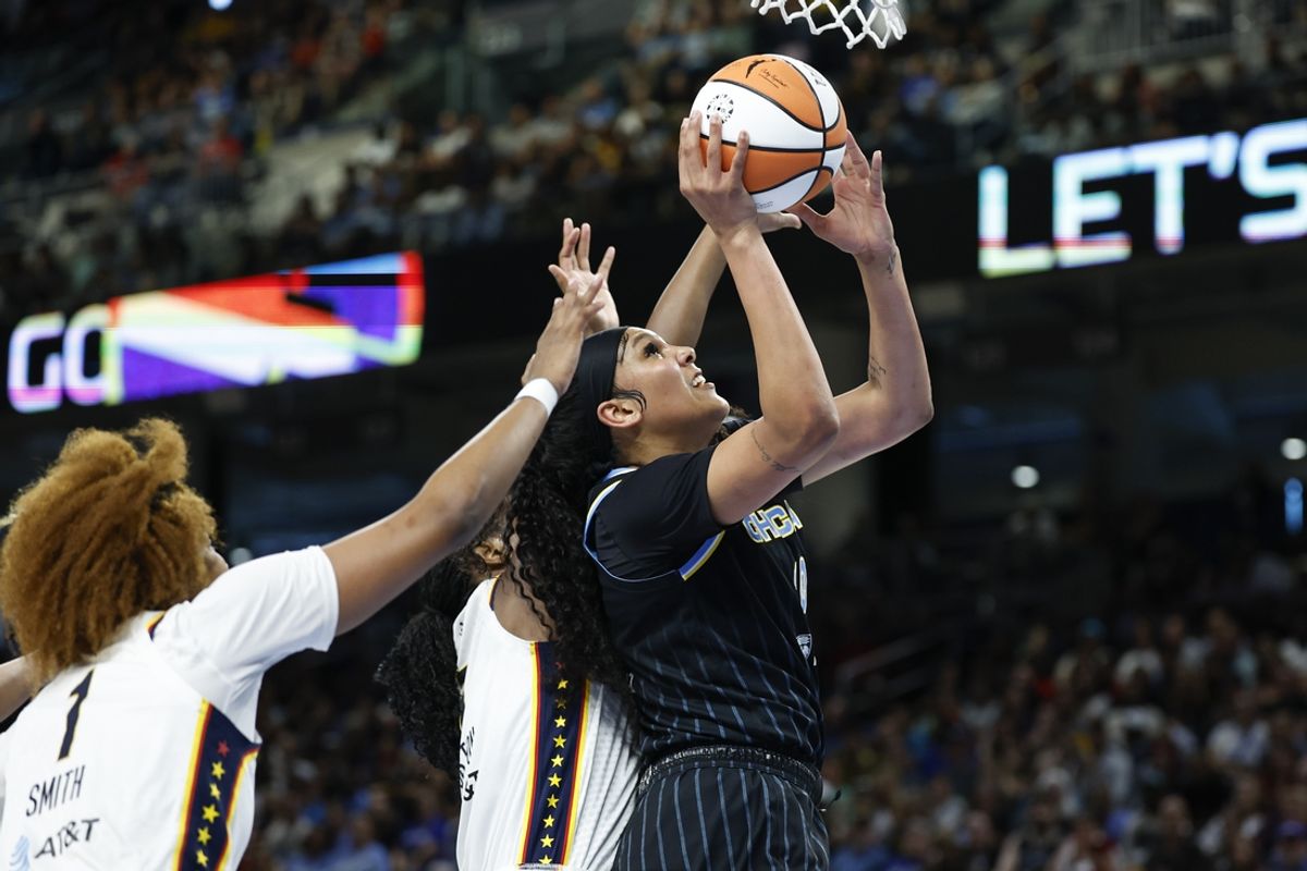 Jun 23, 2024; Chicago, Illinois, USA; Chicago Sky center Kamilla Cardoso (10) goes to the basket against the Indiana Fever during the second half of a basketball game at Wintrust Arena. Mandatory Credit: Kamil Krzaczynski-Imagn Images