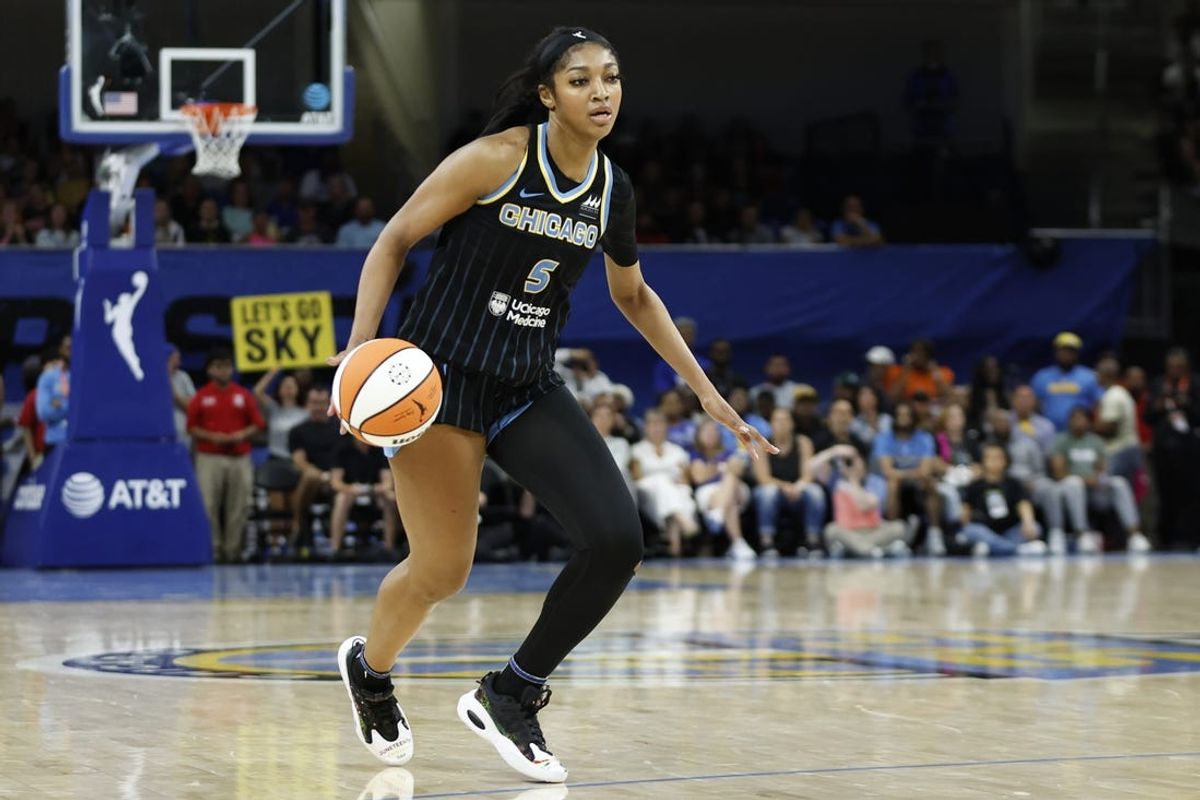 Jun 23, 2024; Chicago, Illinois, USA; Chicago Sky forward Angel Reese (5) drives to the basket against the Indiana Fever during the second half of a basketball game at Wintrust Arena. Mandatory Credit: Kamil Krzaczynski-USA TODAY Sports