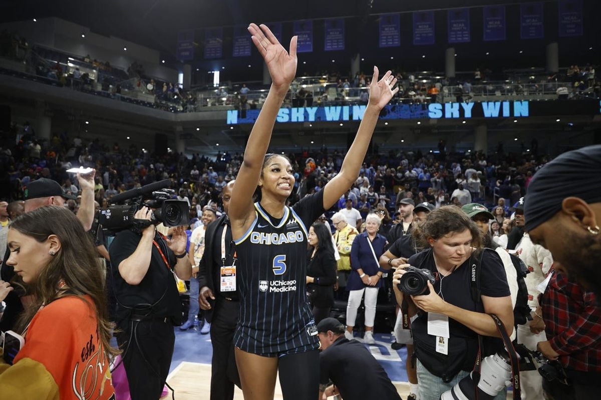 Jun 23, 2024; Chicago, Illinois, USA; Chicago Sky forward Angel Reese (5) reacts after defeating the Indiana Fever at Wintrust Arena. Mandatory Credit: Kamil Krzaczynski-USA TODAY Sports