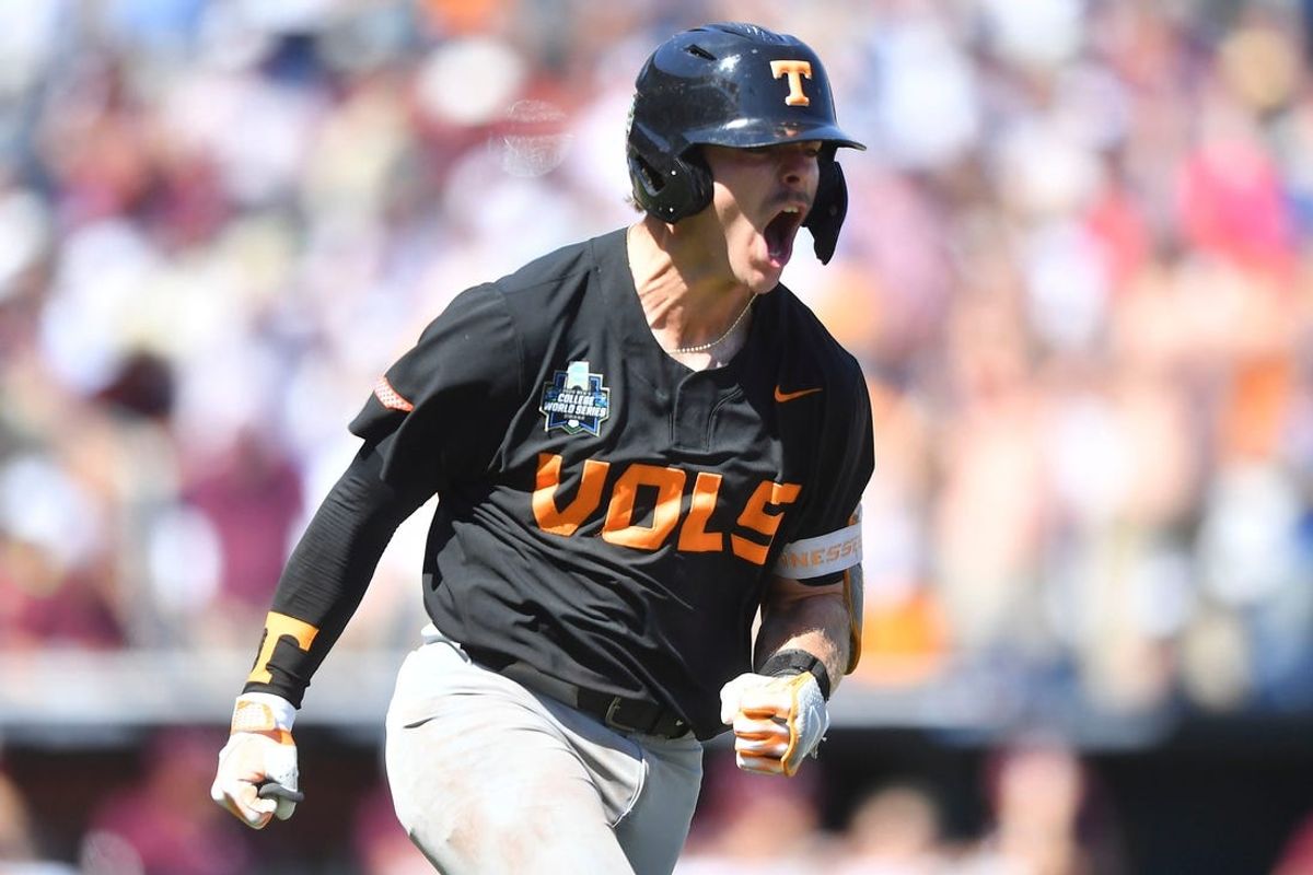 Tennessee's Cal Stark (10) yells out as he rounds the bases after hitting a two-run home run in game two of the NCAA College World Series finals against Texas A&M at Charles Schwab Field in Omaha, Neb., on Sunday, June 23, 2024.