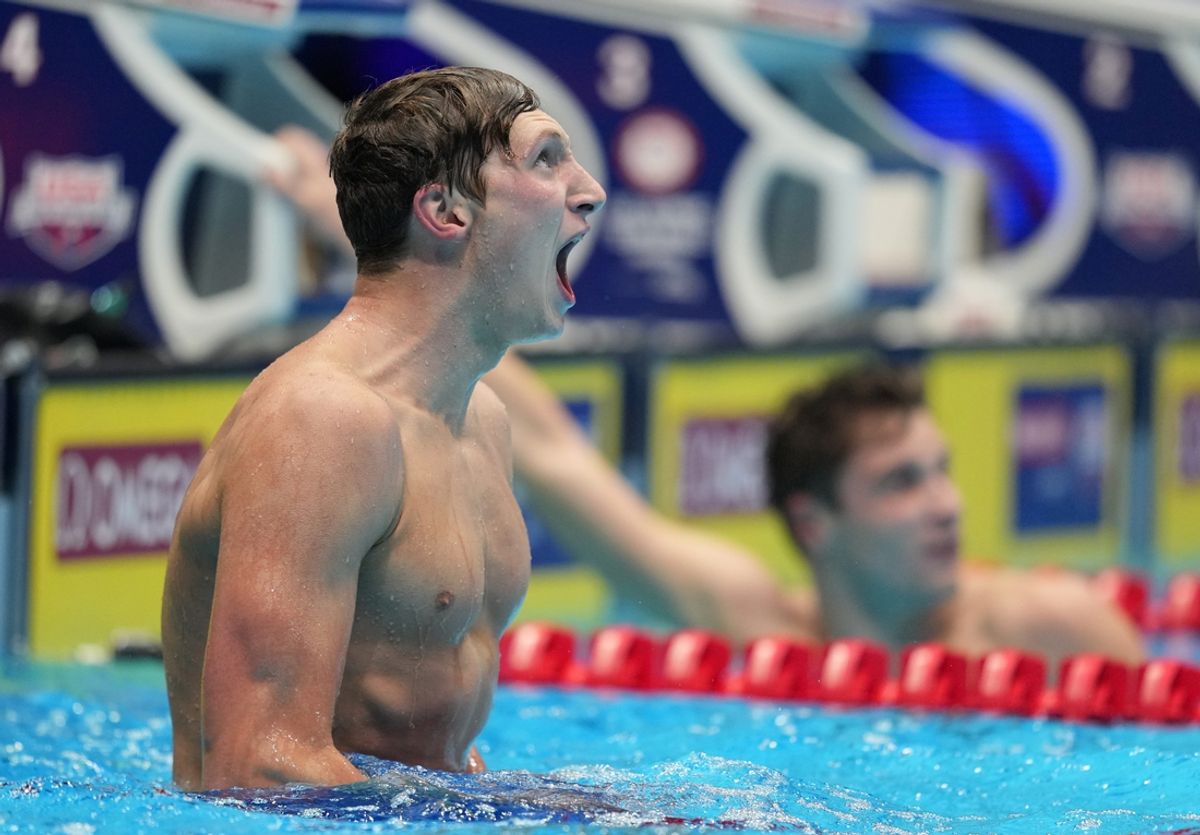David Johnston celebrates after competing in the 1500-meter freestyle final, Sunday, June 23, 2024, during the ninth day of the U.S. Olympic Team Swimming Trials at Lucas Oil Stadium in Indianapolis.