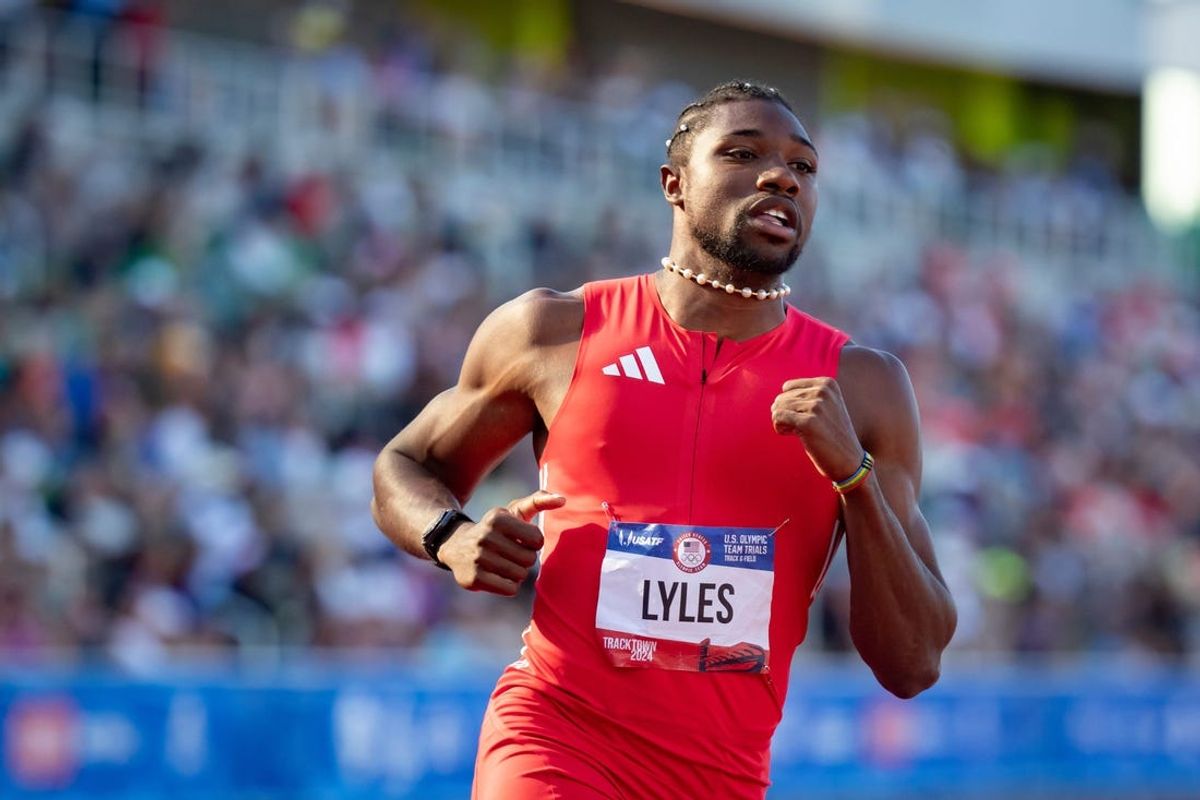 Noah Lyles wins the semifinals of the men’s 100 meter dash during day three of the U.S. Olympic Track & Field Trials Sunday, June 23, 2024, at Hayward Field in Eugene, Ore.
