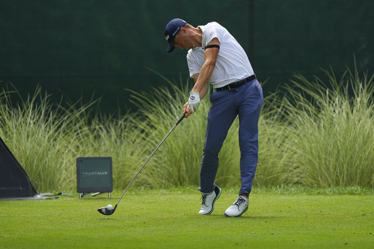 Jun 23, 2024; Cromwell, Connecticut, USA; Justin Thomas hits the ball from the tee on the fourth hole during the final round of the Travelers Championship golf tournament at TPC River Highlands. Mandatory Credit: Gregory Fisher-USA TODAY Sports
