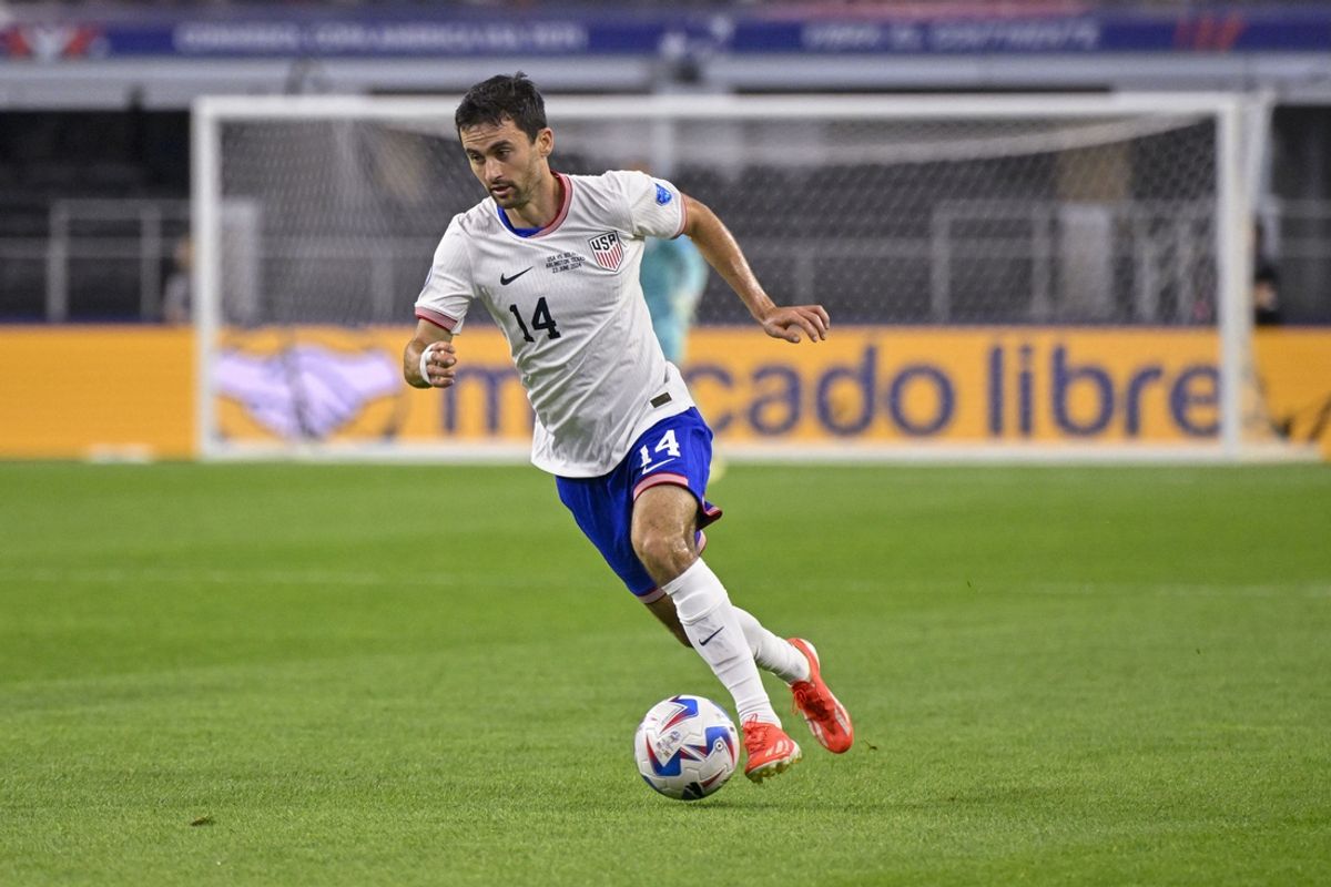 Jun 23, 2024; Arlington, TX, USA; United States midfielder Luca De La Torre (14) in action during the game between the United States and Bolivia in a 2024 Copa America match at AT&T Stadium. Mandatory Credit: Jerome Miron-Imagn Images