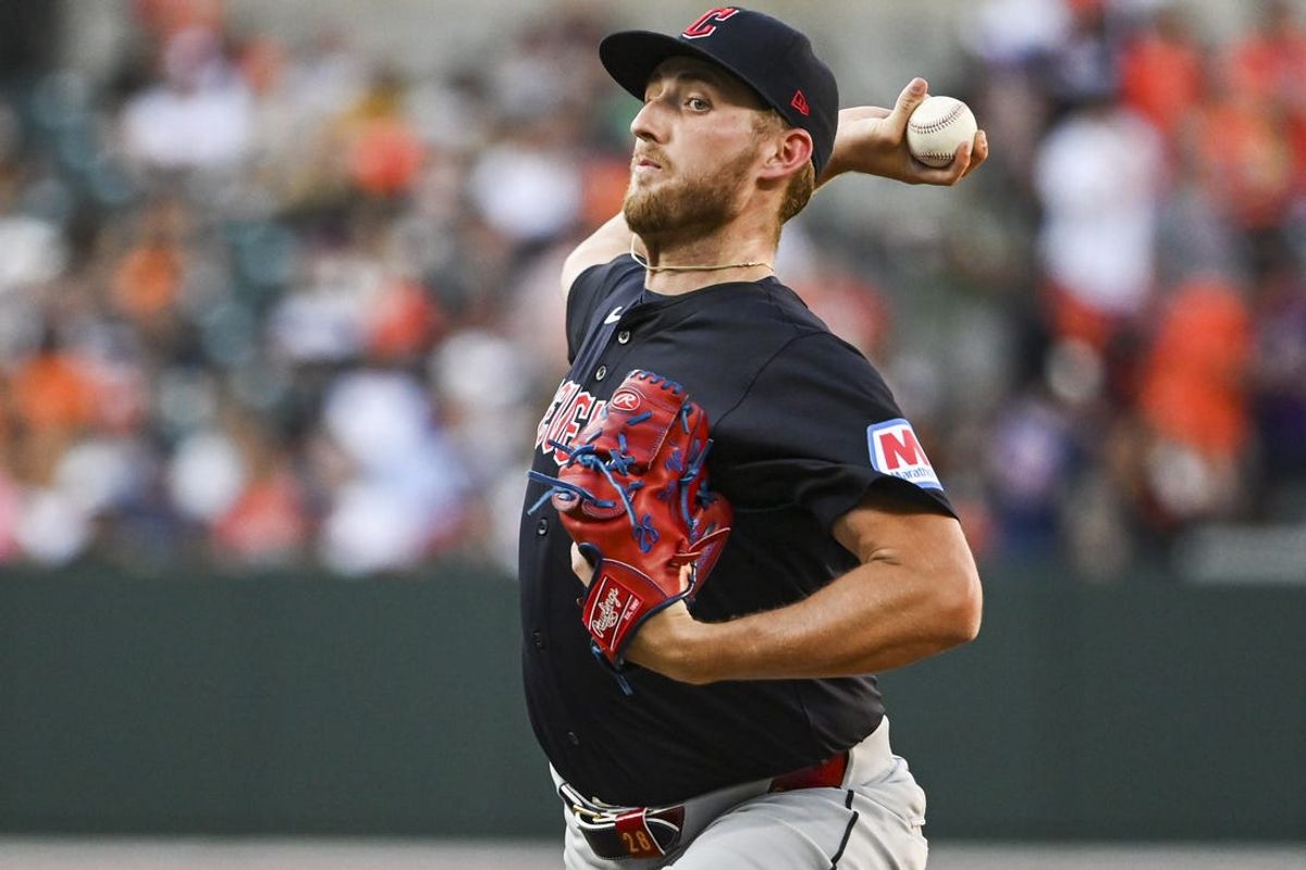 Jun 24, 2024; Baltimore, Maryland, USA;  Cleveland Guardians pitcher Tanner Bibee (28) throws a third inning pitch against the Baltimore Orioles at Oriole Park at Camden Yards. Mandatory Credit: Tommy Gilligan-USA TODAY Sports