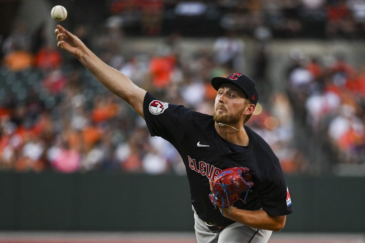 Jun 24, 2024; Baltimore, Maryland, USA; Cleveland Guardians pitcher Tanner Bibee (28) throws a third inning pitch against the Baltimore Orioles  at Oriole Park at Camden Yards. Mandatory Credit: Tommy Gilligan-USA TODAY Sports