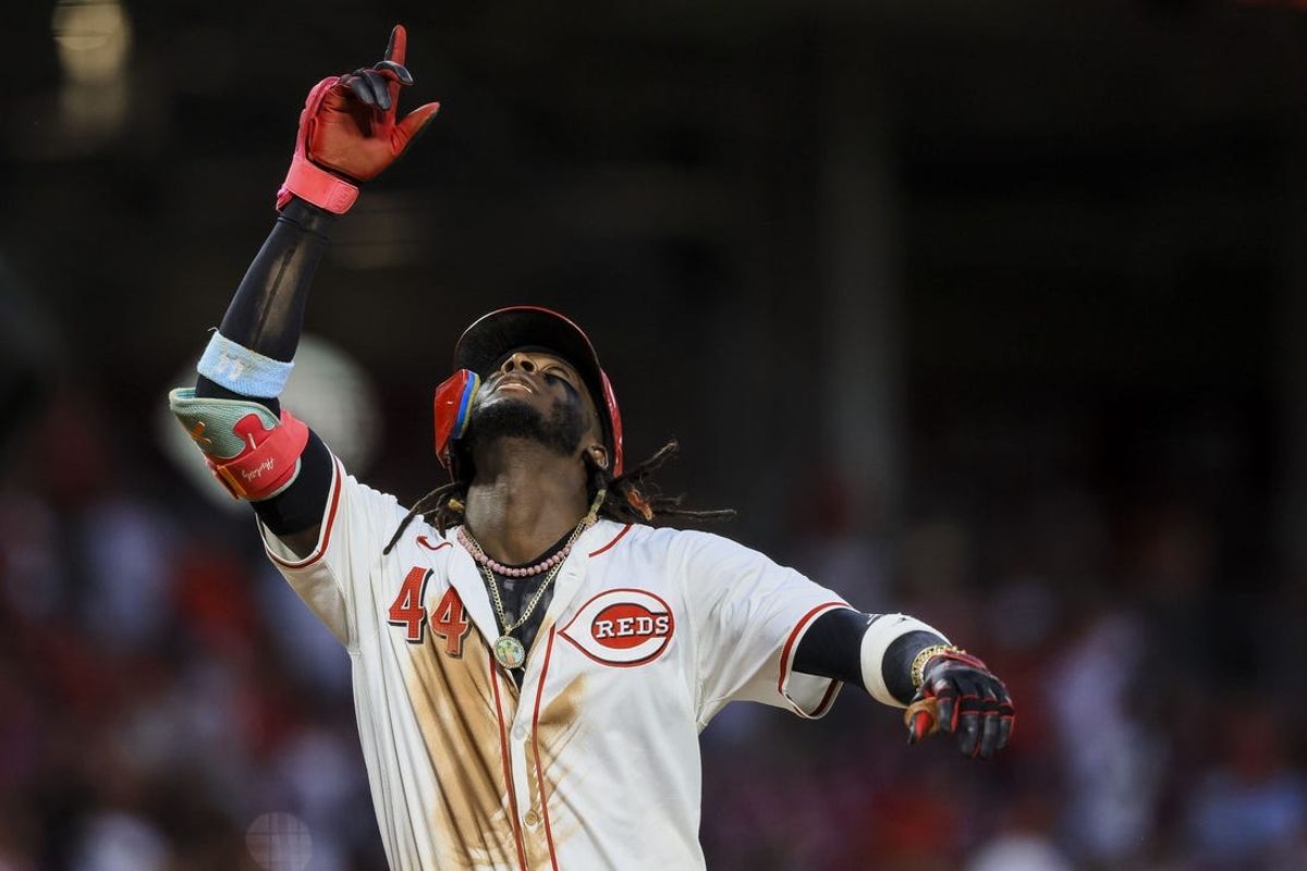 Jun 24, 2024; Cincinnati, Ohio, USA; Cincinnati Reds shortstop Elly De La Cruz (44) reacts after hitting a two-run home run in the sixth inning against the Pittsburgh Pirates at Great American Ball Park. Mandatory Credit: Katie Stratman-USA TODAY Sports