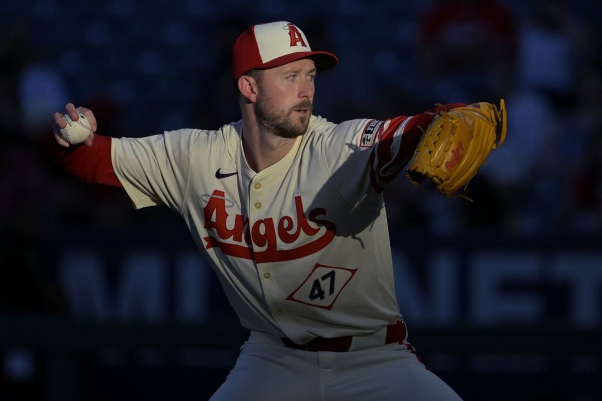 Jun 24, 2024; Anaheim, California, USA;  Los Angeles Angels starting pitcher Griffin Canning (47) delivers to the plate in the second inning against the Oakland Athletics at Angel Stadium. Mandatory Credit: Jayne Kamin-Oncea-USA TODAY Sports