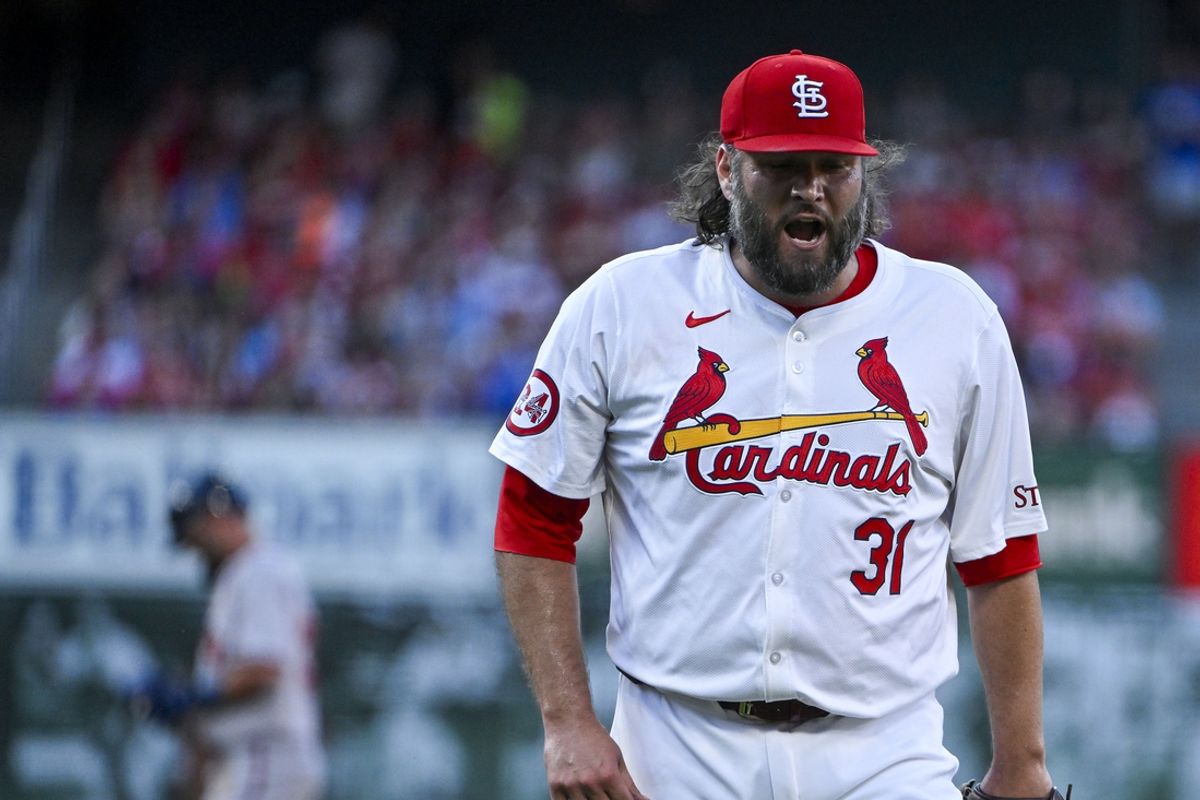 Jun 24, 2024; St. Louis, Missouri, USA;  St. Louis Cardinals starting pitcher Lance Lynn (31) reacts as he walks off the field after the fourth inning against the Atlanta Braves at Busch Stadium. Mandatory Credit: Jeff Curry-Imagn Images