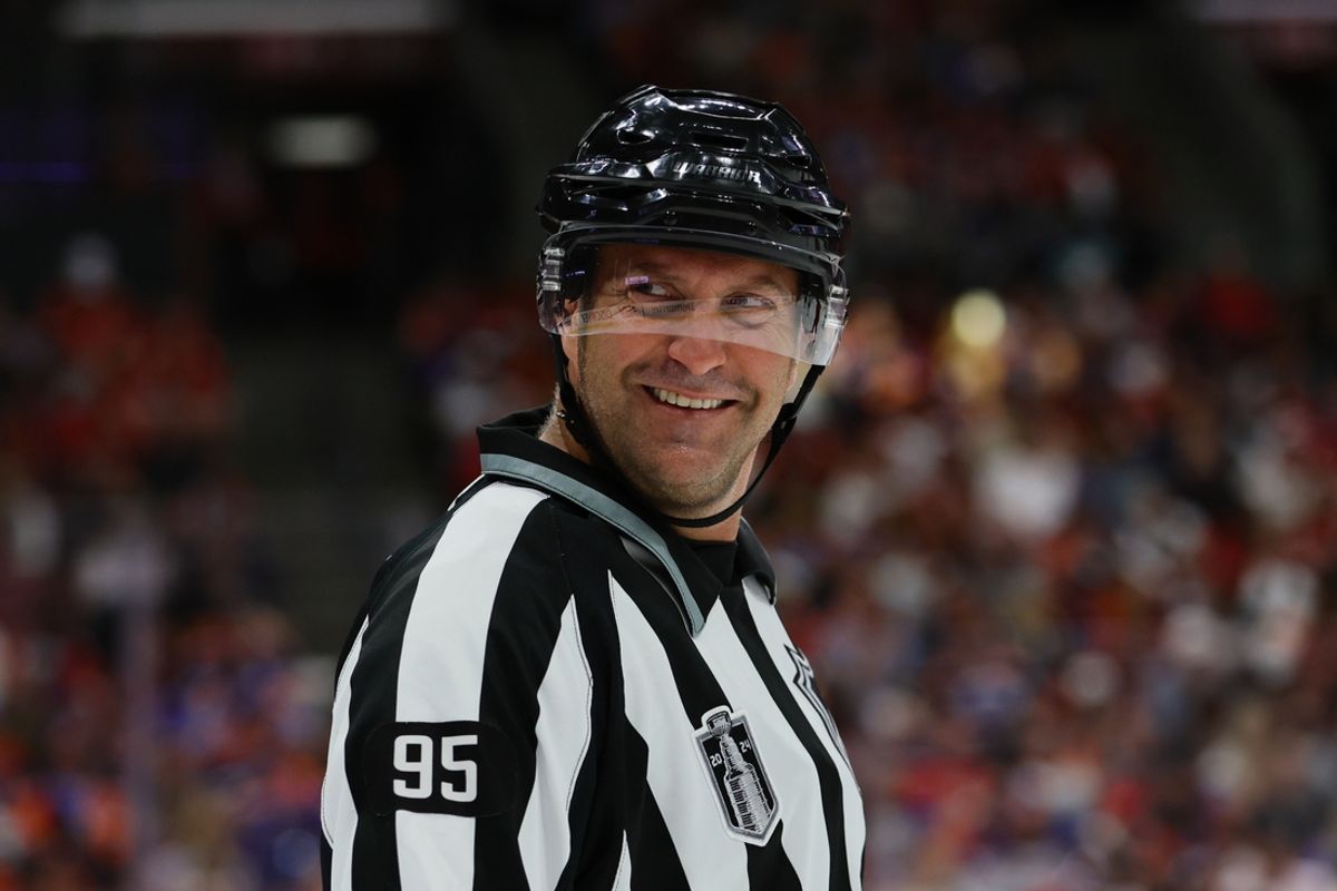 Jun 24, 2024; Sunrise, Florida, USA; Linesperson Jonny Murray (95) smiles during the third period between Florida Panthers and Edmonton Oilers in game seven of the 2024 Stanley Cup Final at Amerant Bank Arena. Mandatory Credit: Sam Navarro-Imagn Images