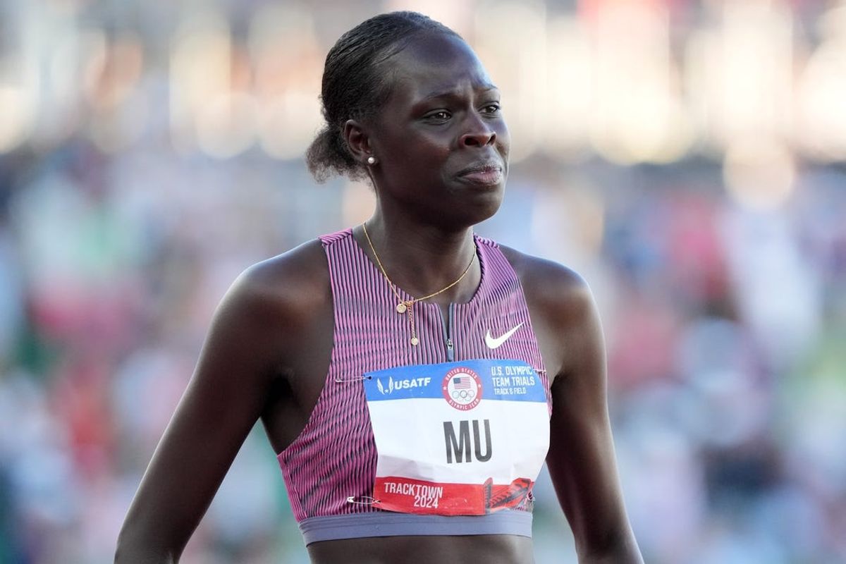 Jun 24, 2024; Eugene, OR, USA; Athing Mu reacts after falling in the women's 800m during the US Olympic Team Trials at Hayward Field. Mandatory Credit: Kirby Lee-USA TODAY Sports