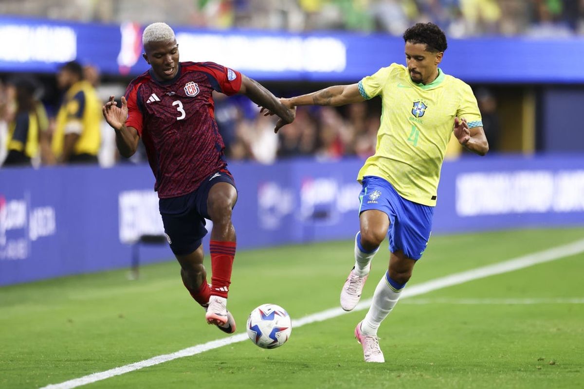 Jun 24, 2024; Inglewood, CA, USA; Costa Rica defender Jeyland Mitchell (3) battle for the ball against Brazil defender Marquinhos (4) during the second half of a match at SoFi Stadium. Mandatory Credit: Jessica Alcheh-USA TODAY Sports