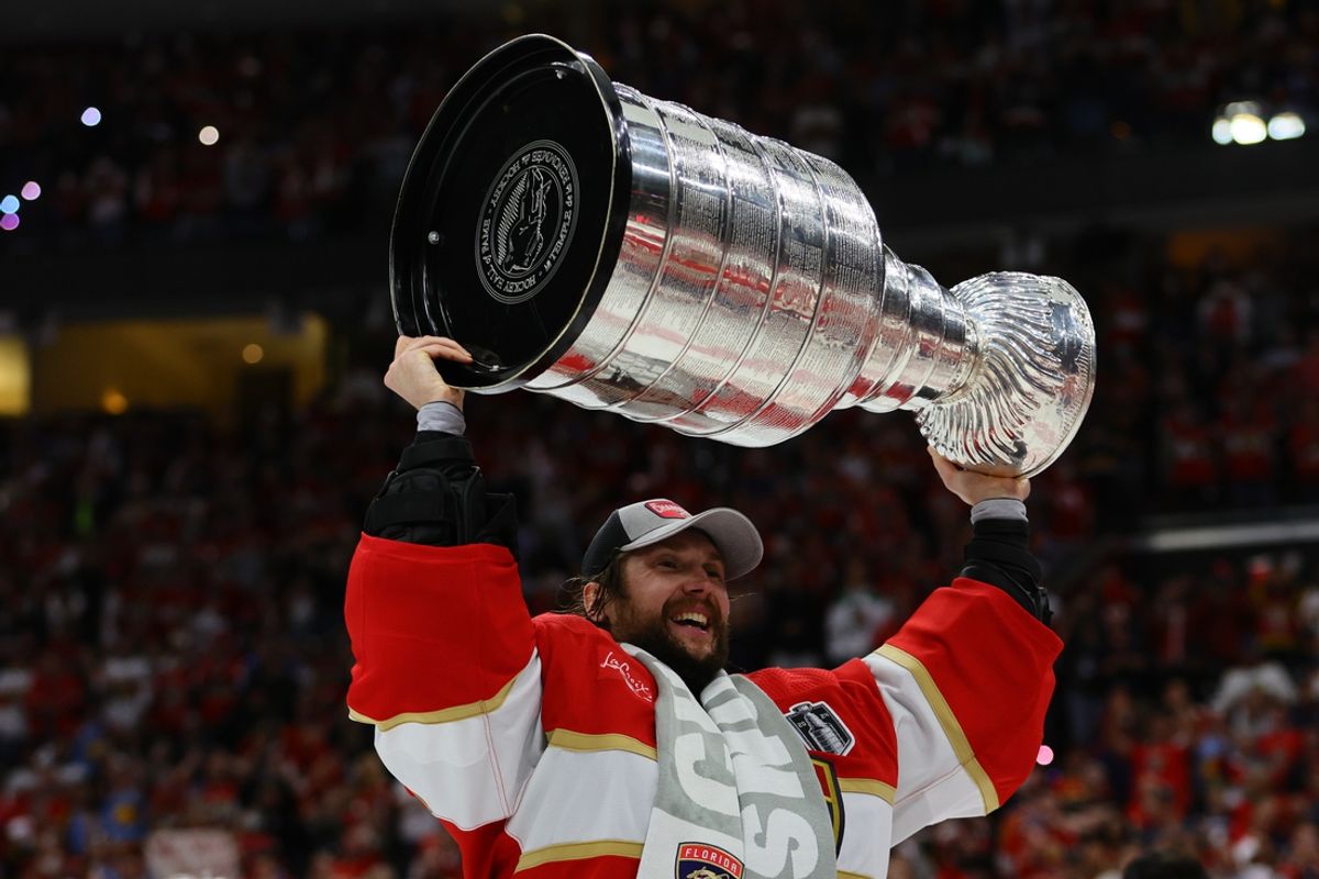 Jun 24, 2024; Sunrise, Florida, USA; Florida Panthers goaltender Sergei Bobrovsky (72) hoists the Stanley Cup  after defeating the Edmonton Oilers in game seven of the 2024 Stanley Cup Final at Amerant Bank Arena. Mandatory Credit: Sam Navarro-Imagn Images