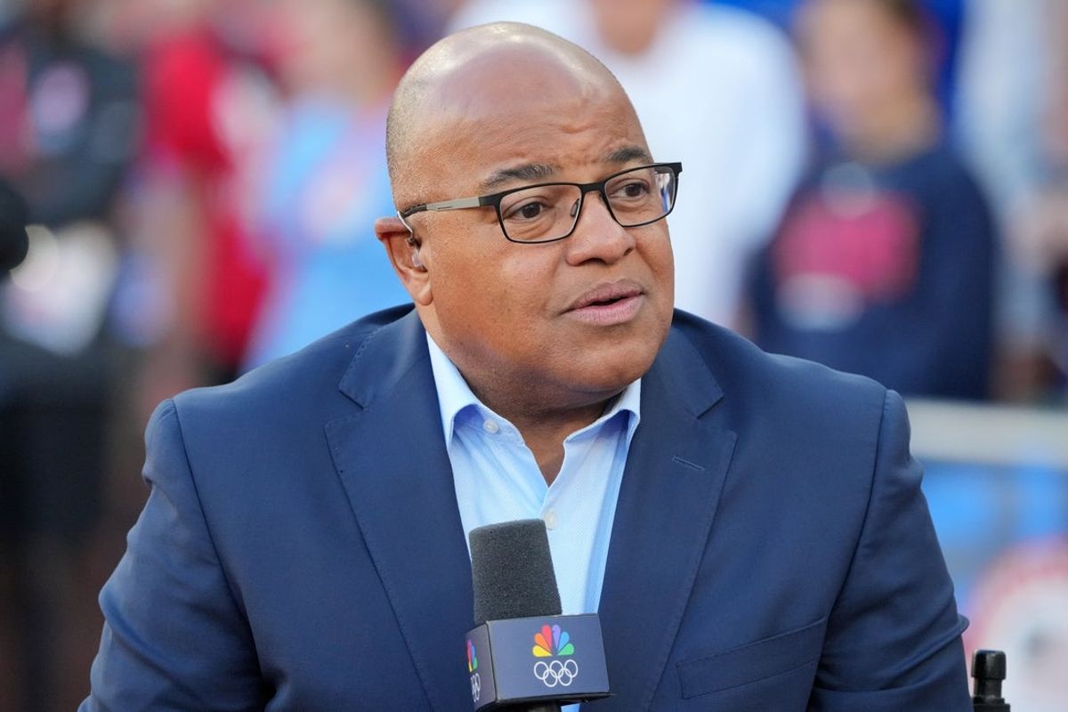 Jun 24, 2024; Eugene, OR, USA; NBC Sports broadcaster Mike Tirico during the US Olympic Team Trials at Hayward Field. Mandatory Credit: Kirby Lee-Imagn Images