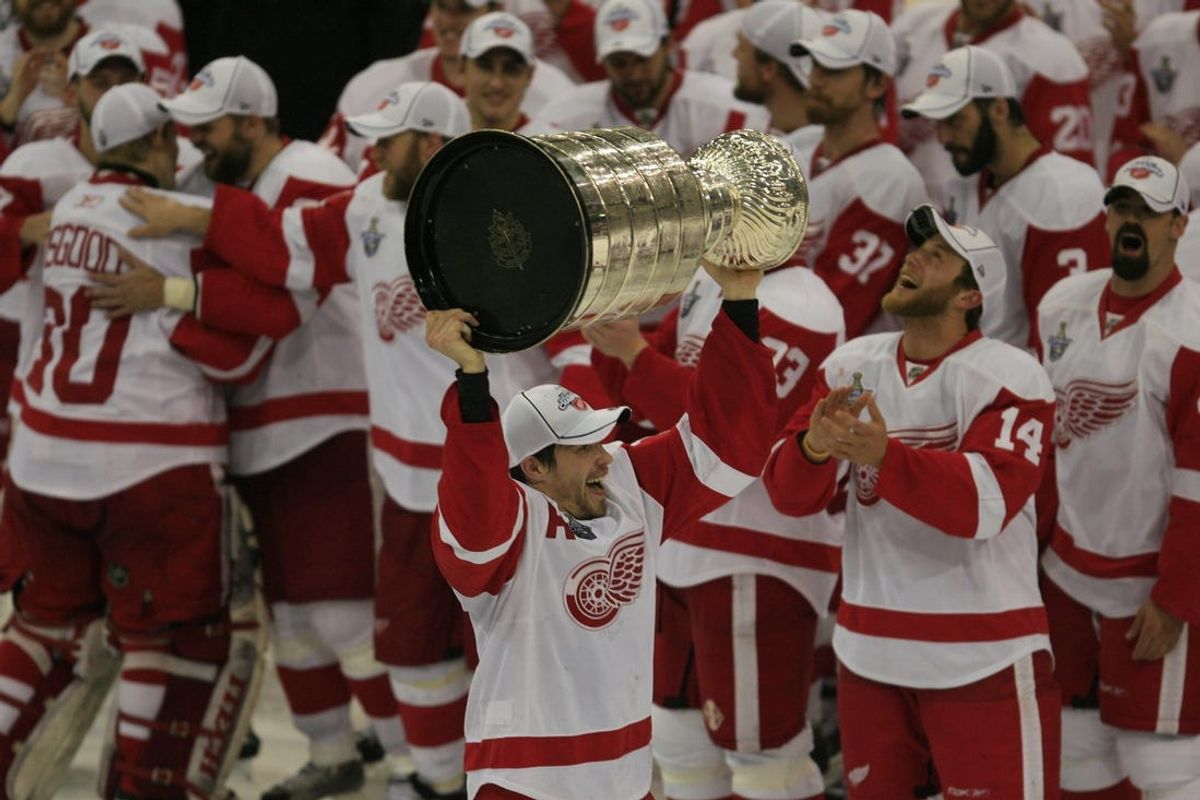 Detroit's Pavel Datsyuk carries the Stanley Cup after the 3-2 victory in game 6 of the Stanley Cup Final on Wednesday, June 4, 2008 at Mellon Arena in Pittsburgh.