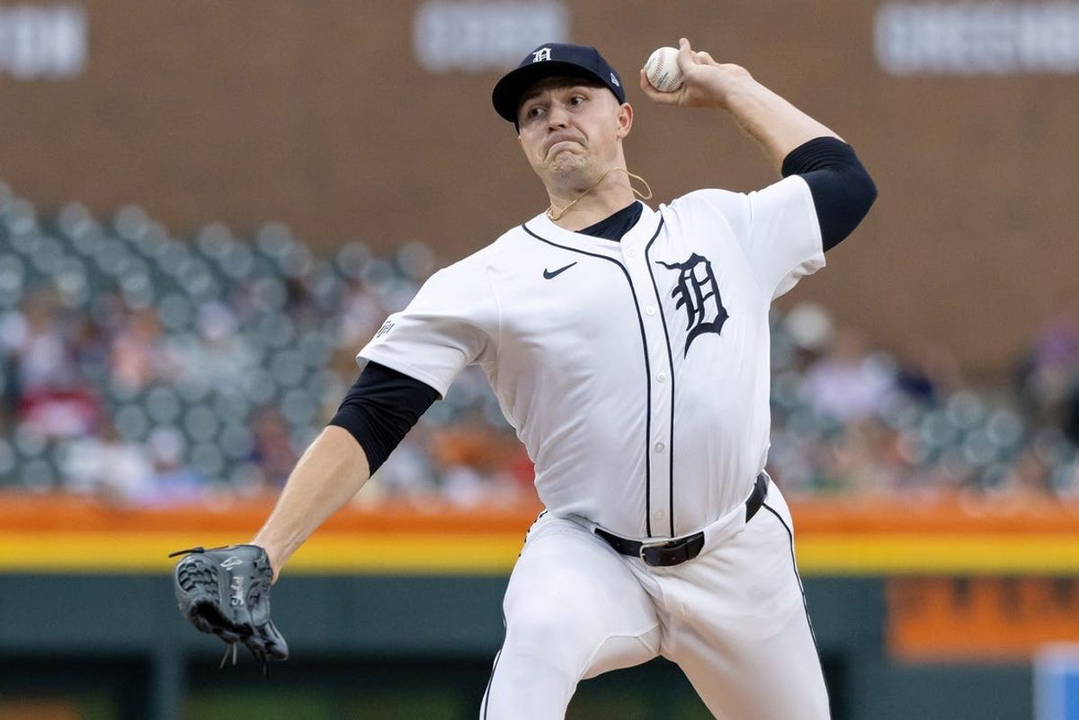 Jun 25, 2024; Detroit, Michigan, USA; Detroit Tigers starting pitcher Tarik Skubal (29) pitches in the first inning against the Philadelphia Phillies at Comerica Park. Mandatory Credit: David Reginek-USA TODAY Sports