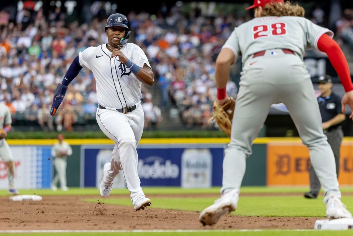 Jun 25, 2024; Detroit, Michigan, USA; Detroit Tigers outfielder Justyn-Henry Malloy (44) runs to third base in the fifth inning against the Philadelphia Phillies at Comerica Park. Mandatory Credit: David Reginek-USA TODAY Sports