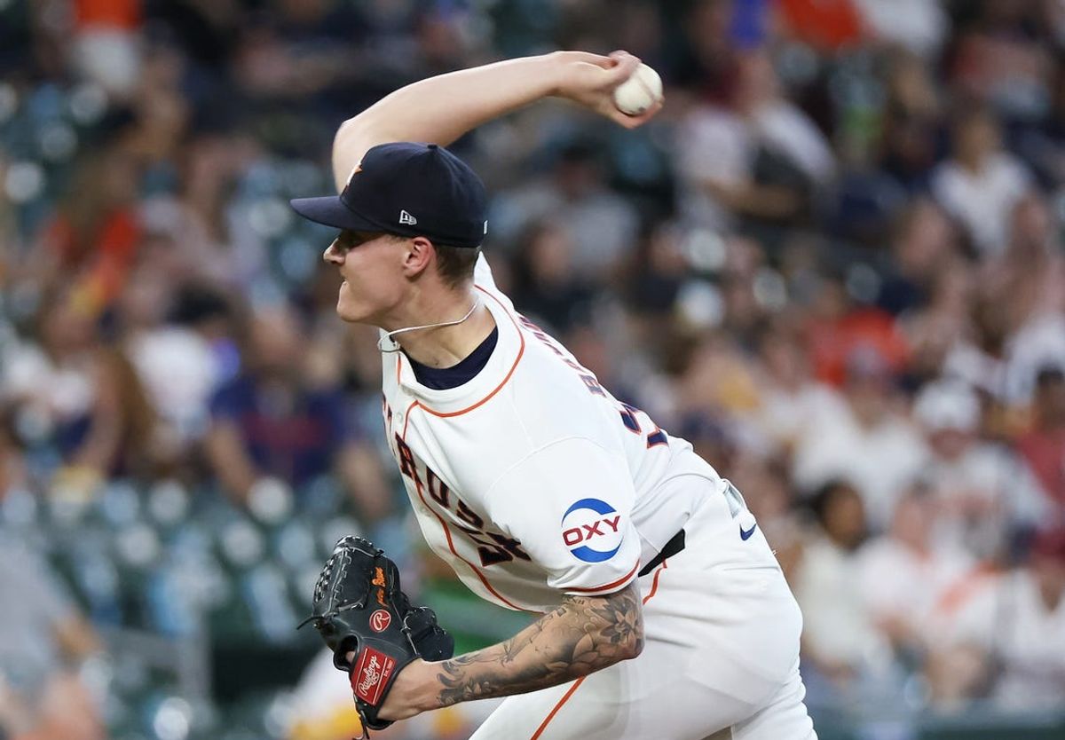 Jun 25, 2024; Houston, Texas, USA; Houston Astros starting pitcher Hunter Brown (58) pitches against the Colorado Rockies in the first inning at Minute Maid Park. Mandatory Credit: Thomas Shea-USA TODAY Sports