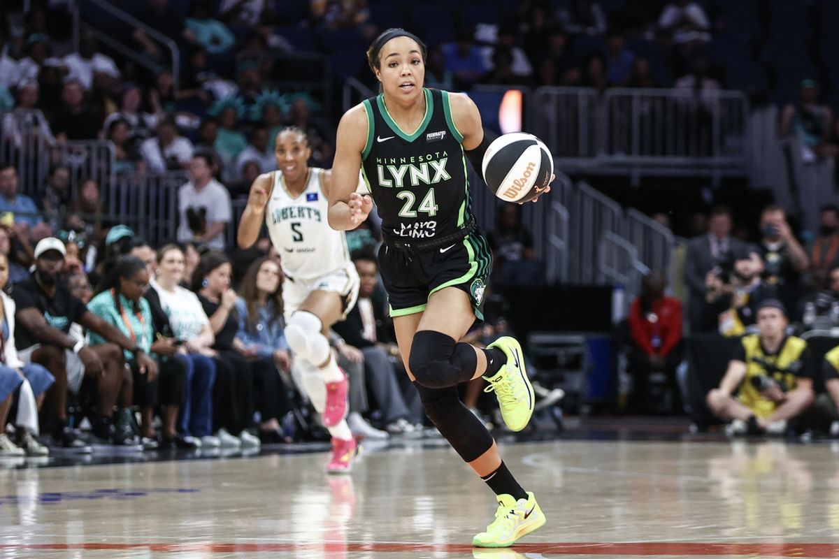 Jun 25, 2024; Belmont Park, New York, USA; Minnesota Lynx forward Napheesa Collier (24) brings the ball up the court against the New York Liberty in the second quarter of the Commissioner’s Cup Championship game at UBS Arena. Mandatory Credit: Wendell Cruz-USA TODAY Sports