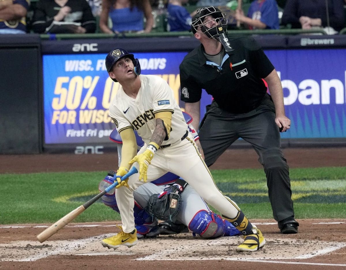 Milwaukee Brewers third baseman Joey Ortiz (3) hits a solo home run during the fifth inning of their game against the Texas Rangers Tuesday, June 25, 2024 at American Family Field in Milwaukee, Wisconsin.