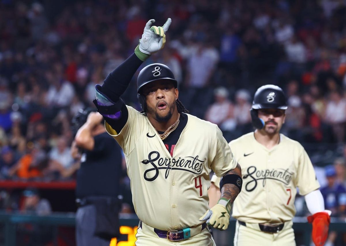 Jun 25, 2024; Phoenix, Arizona, USA; Arizona Diamondbacks infielder Ketel Marte celebrates after hitting a two-run home run in the first inning against the Minnesota Twins at Chase Field. Mandatory Credit: Mark J. Rebilas-USA TODAY Sports