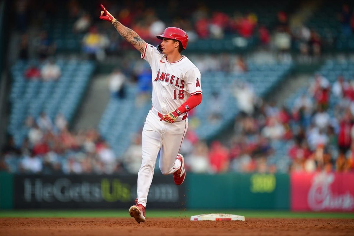 Jun 25, 2024; Anaheim, California, USA; Los Angeles Angels center fielder Mickey Moniak (16) runs the bases after hitting a grand slam home run against the Oakland Athletics during the fourth inning at Angel Stadium. Mandatory Credit: Gary A. Vasquez-USA TODAY Sports