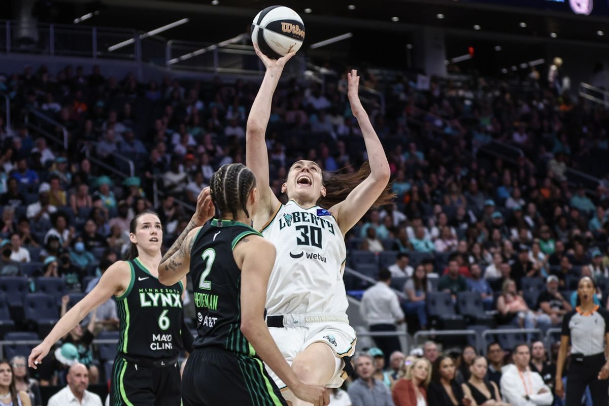 Jun 25, 2024; Belmont Park, New York, USA; New York Liberty forward Breanna Stewart (30) shoots over Minnesota Lynx guard Natisha Hiedeman (2) in the fourth quarter of the Commissioner’s Cup Championship game at UBS Arena. Mandatory Credit: Wendell Cruz-USA TODAY Sports